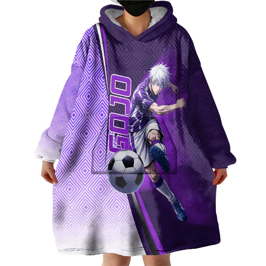 Personalized Gojo Satoru Jujutsu Kaisen Soccer Theme Wearable Blanket Hoodie with Kicking Pose and Purple Gradient Geometric Graphic Design - The Mazicc