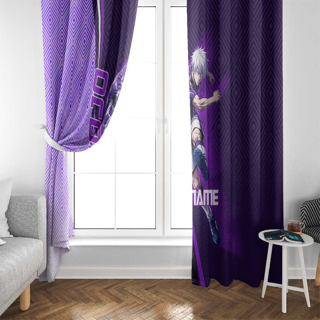 Personalized Gojo Satoru Jujutsu Kaisen Soccer Theme Window Curtain with Kicking Pose and Purple Gradient Geometric Graphic Design - The Mazicc