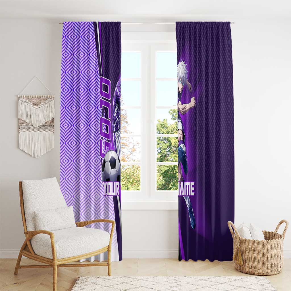 Personalized Gojo Satoru Jujutsu Kaisen Soccer Theme Window Curtain with Kicking Pose and Purple Gradient Geometric Graphic Design - The Mazicc