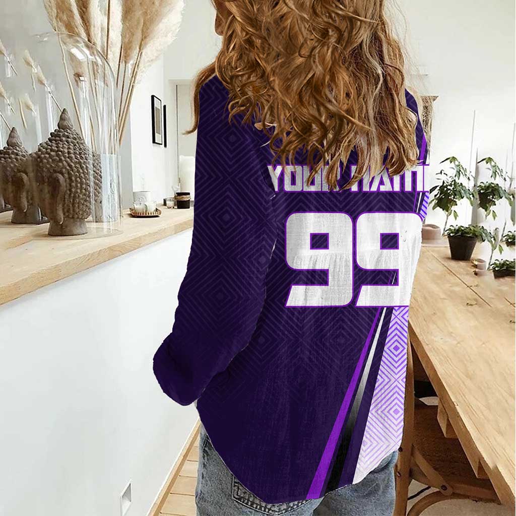 Personalized Gojo Satoru Jujutsu Kaisen Soccer Theme Women Casual Shirt with Kicking Pose and Purple Gradient Geometric Graphic Design - The Mazicc