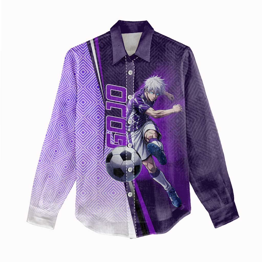 Personalized Gojo Satoru Jujutsu Kaisen Soccer Theme Women Casual Shirt with Kicking Pose and Purple Gradient Geometric Graphic Design - The Mazicc