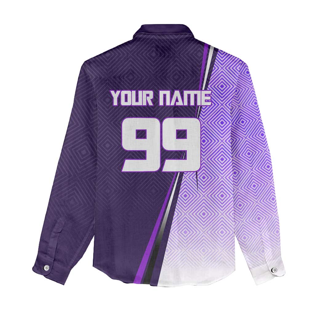 Personalized Gojo Satoru Jujutsu Kaisen Soccer Theme Women Casual Shirt with Kicking Pose and Purple Gradient Geometric Graphic Design - The Mazicc