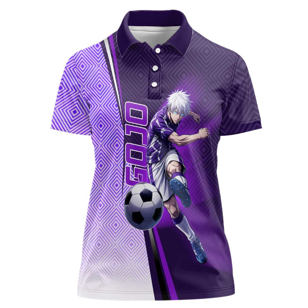Personalized Gojo Satoru Jujutsu Kaisen Soccer Theme Women Polo Shirt with Kicking Pose and Purple Gradient Geometric Graphic Design - The Mazicc