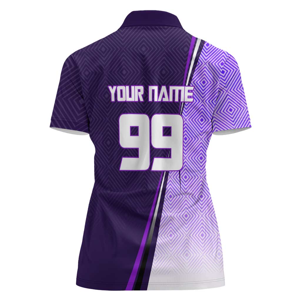 Personalized Gojo Satoru Jujutsu Kaisen Soccer Theme Women Polo Shirt with Kicking Pose and Purple Gradient Geometric Graphic Design - The Mazicc