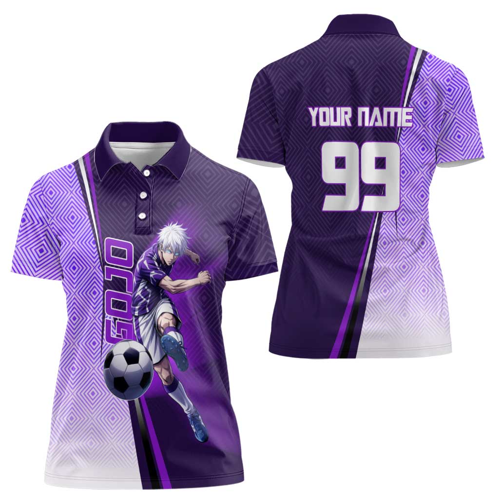 Personalized Gojo Satoru Jujutsu Kaisen Soccer Theme Women Polo Shirt with Kicking Pose and Purple Gradient Geometric Graphic Design - The Mazicc