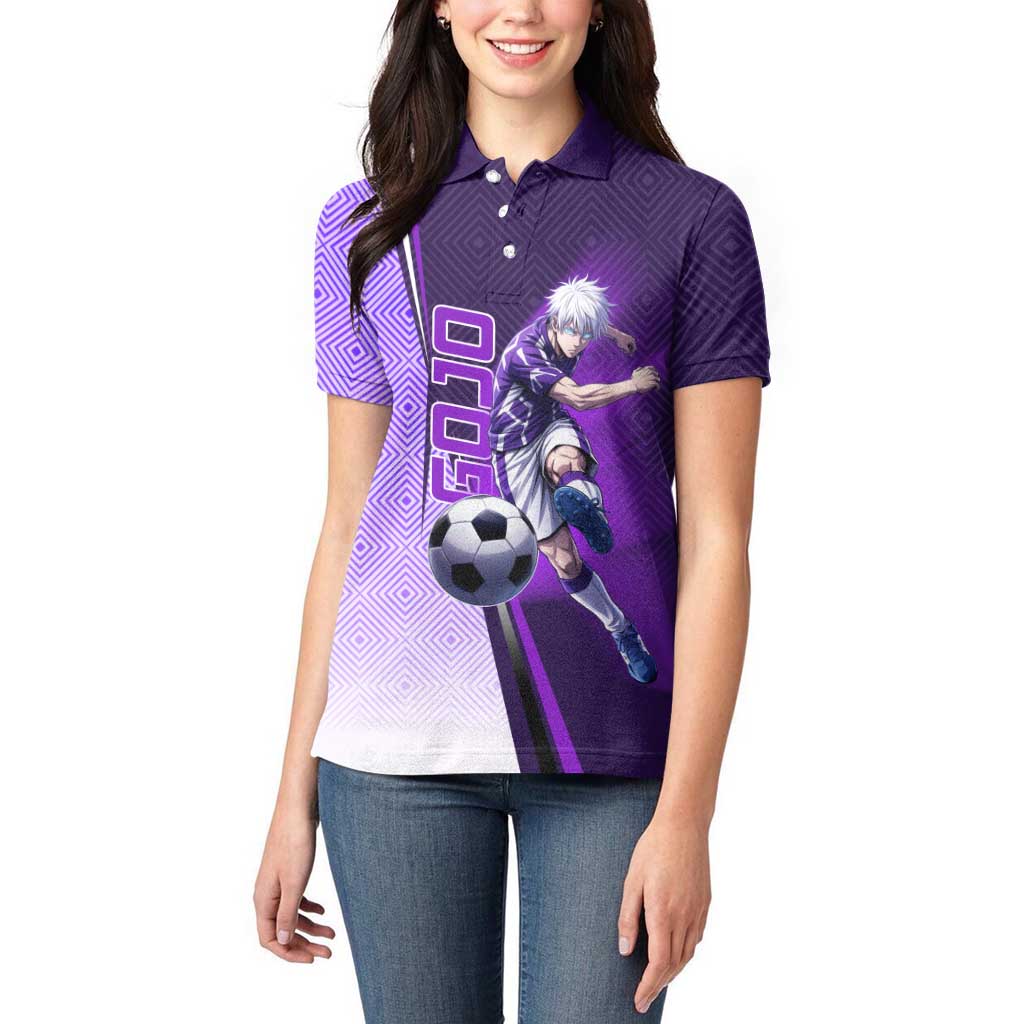 Personalized Gojo Satoru Jujutsu Kaisen Soccer Theme Women Polo Shirt with Kicking Pose and Purple Gradient Geometric Graphic Design - The Mazicc
