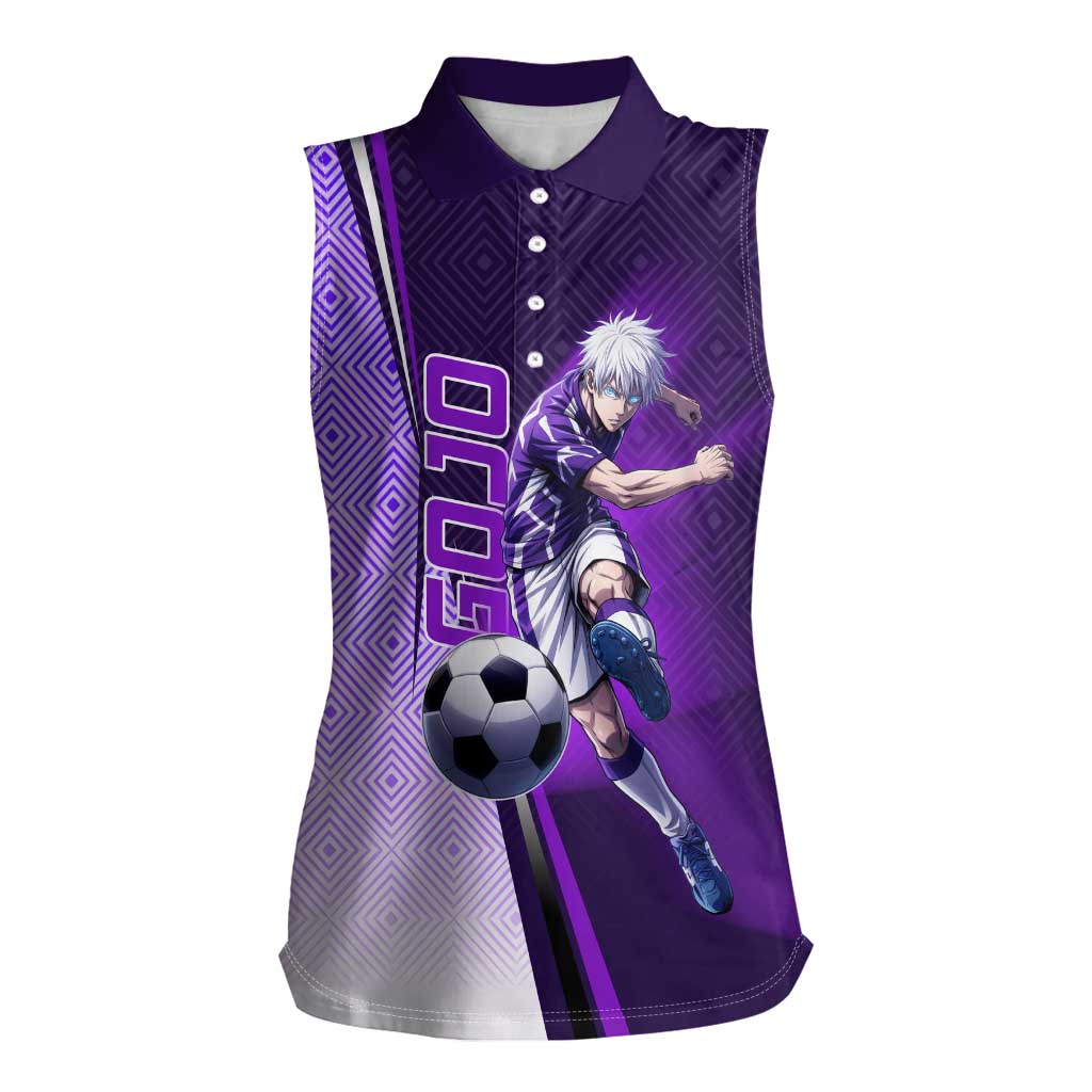 Personalized Gojo Satoru Jujutsu Kaisen Soccer Theme Women Sleeveless Polo Shirt with Kicking Pose and Purple Gradient Geometric Graphic Design - The Mazicc