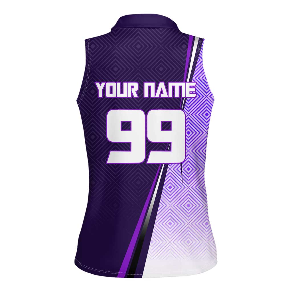 Personalized Gojo Satoru Jujutsu Kaisen Soccer Theme Women Sleeveless Polo Shirt with Kicking Pose and Purple Gradient Geometric Graphic Design - The Mazicc