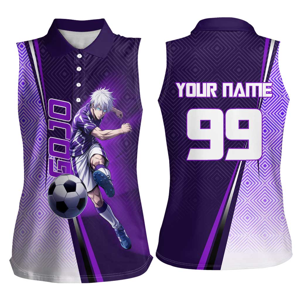 Personalized Gojo Satoru Jujutsu Kaisen Soccer Theme Women Sleeveless Polo Shirt with Kicking Pose and Purple Gradient Geometric Graphic Design - The Mazicc