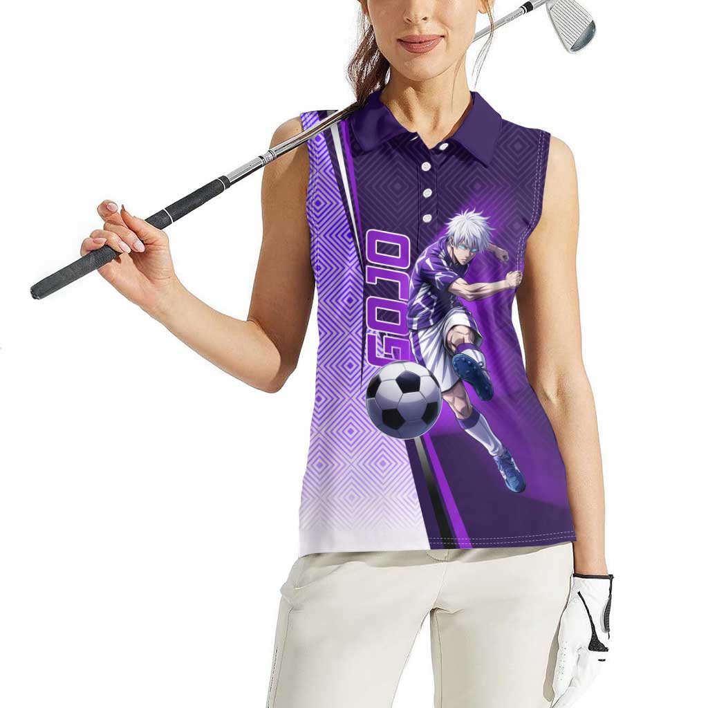 Personalized Gojo Satoru Jujutsu Kaisen Soccer Theme Women Sleeveless Polo Shirt with Kicking Pose and Purple Gradient Geometric Graphic Design - The Mazicc
