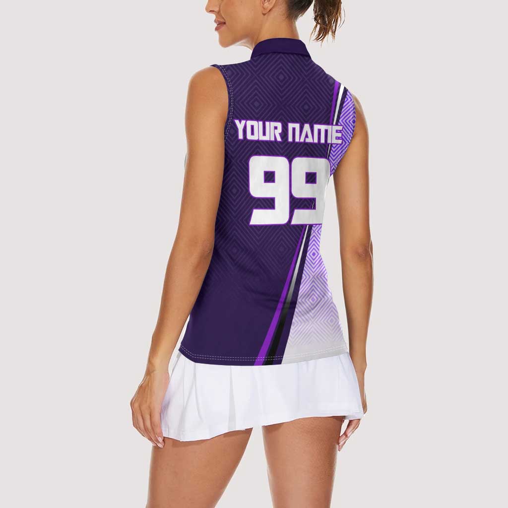 Personalized Gojo Satoru Jujutsu Kaisen Soccer Theme Women Sleeveless Polo Shirt with Kicking Pose and Purple Gradient Geometric Graphic Design - The Mazicc