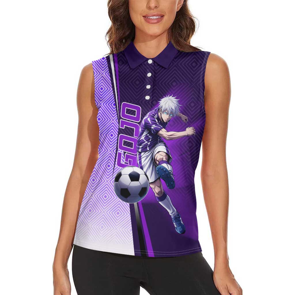 Personalized Gojo Satoru Jujutsu Kaisen Soccer Theme Women Sleeveless Polo Shirt with Kicking Pose and Purple Gradient Geometric Graphic Design - The Mazicc