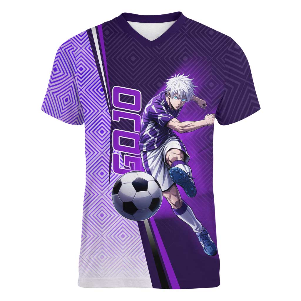 Personalized Gojo Satoru Jujutsu Kaisen Soccer Theme Women V-Neck T-Shirt with Kicking Pose and Purple Gradient Geometric Graphic Design - The Mazicc