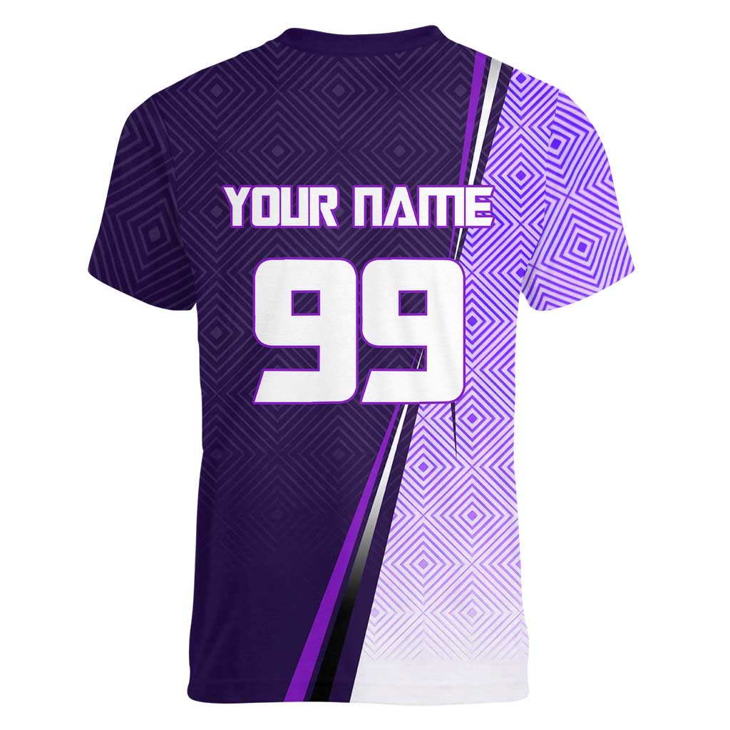 Personalized Gojo Satoru Jujutsu Kaisen Soccer Theme Women V-Neck T-Shirt with Kicking Pose and Purple Gradient Geometric Graphic Design - The Mazicc