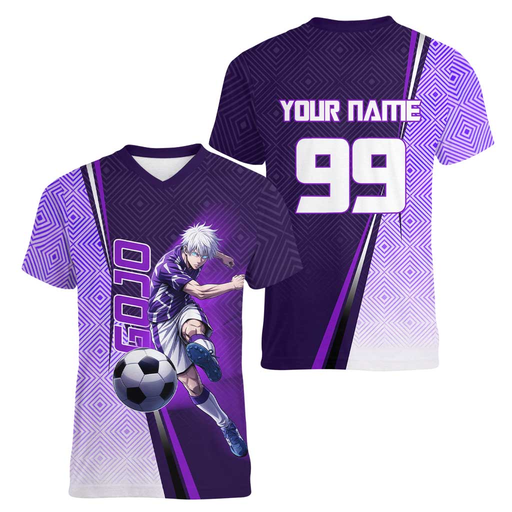 Personalized Gojo Satoru Jujutsu Kaisen Soccer Theme Women V-Neck T-Shirt with Kicking Pose and Purple Gradient Geometric Graphic Design - The Mazicc