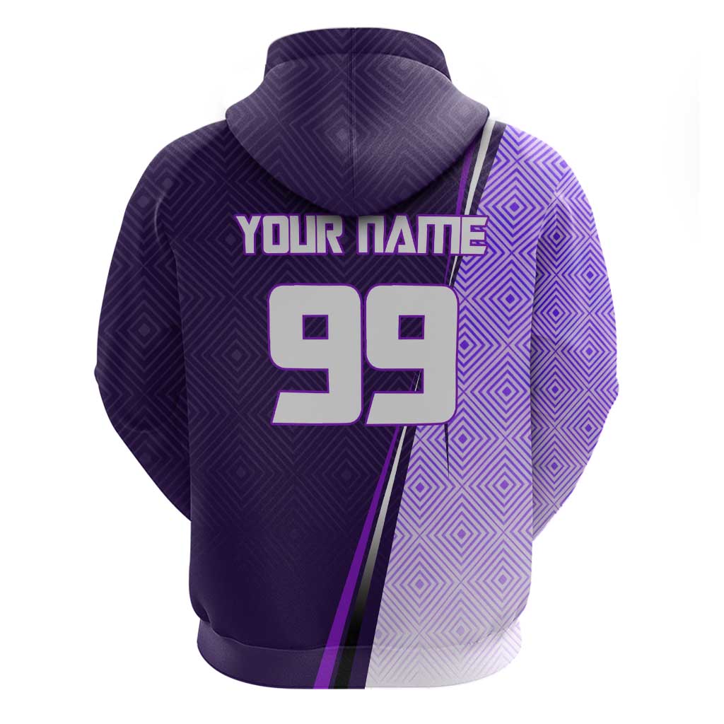 Personalized Gojo Satoru Jujutsu Kaisen Soccer Theme Zip Hoodie with Kicking Pose and Purple Gradient Geometric Graphic Design - The Mazicc