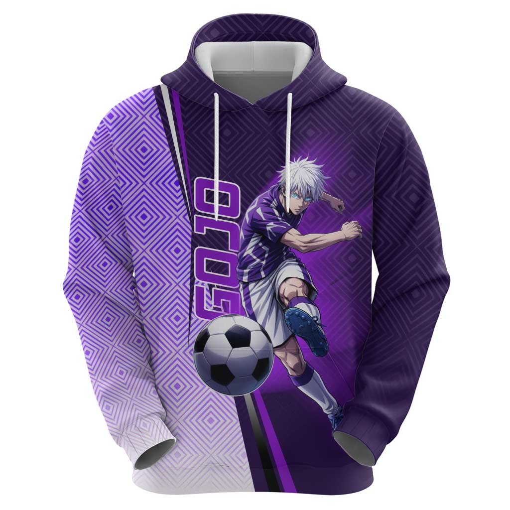 Personalized Gojo Satoru Jujutsu Kaisen Soccer Theme Zip Hoodie with Kicking Pose and Purple Gradient Geometric Graphic Design - The Mazicc