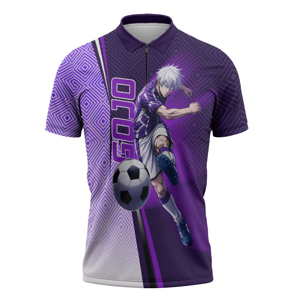 Personalized Gojo Satoru Jujutsu Kaisen Soccer Theme Zipper Polo Shirt with Kicking Pose and Purple Gradient Geometric Graphic Design - The Mazicc