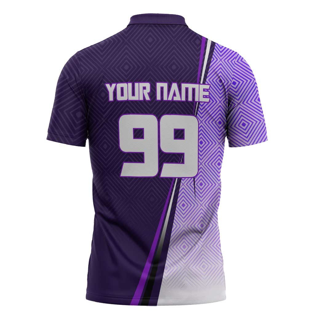 Personalized Gojo Satoru Jujutsu Kaisen Soccer Theme Zipper Polo Shirt with Kicking Pose and Purple Gradient Geometric Graphic Design - The Mazicc