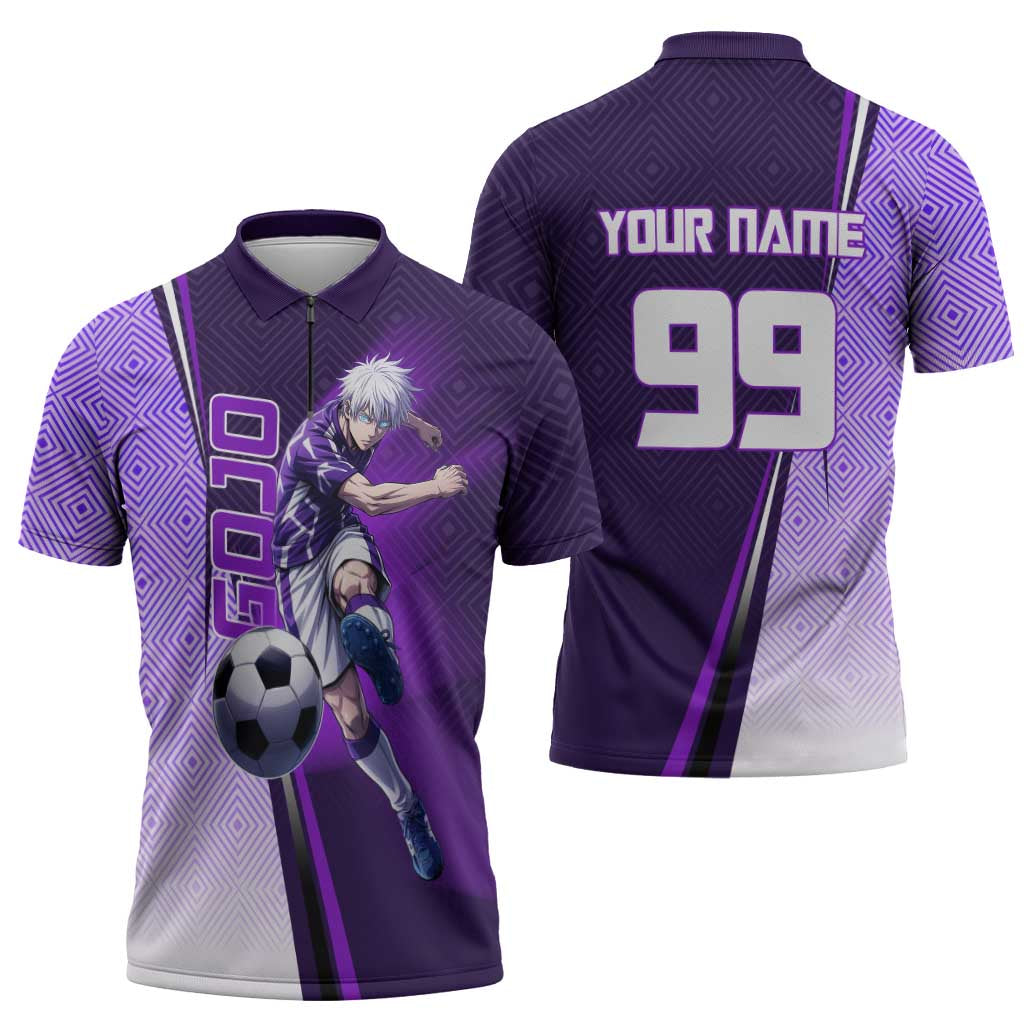 Personalized Gojo Satoru Jujutsu Kaisen Soccer Theme Zipper Polo Shirt with Kicking Pose and Purple Gradient Geometric Graphic Design - The Mazicc