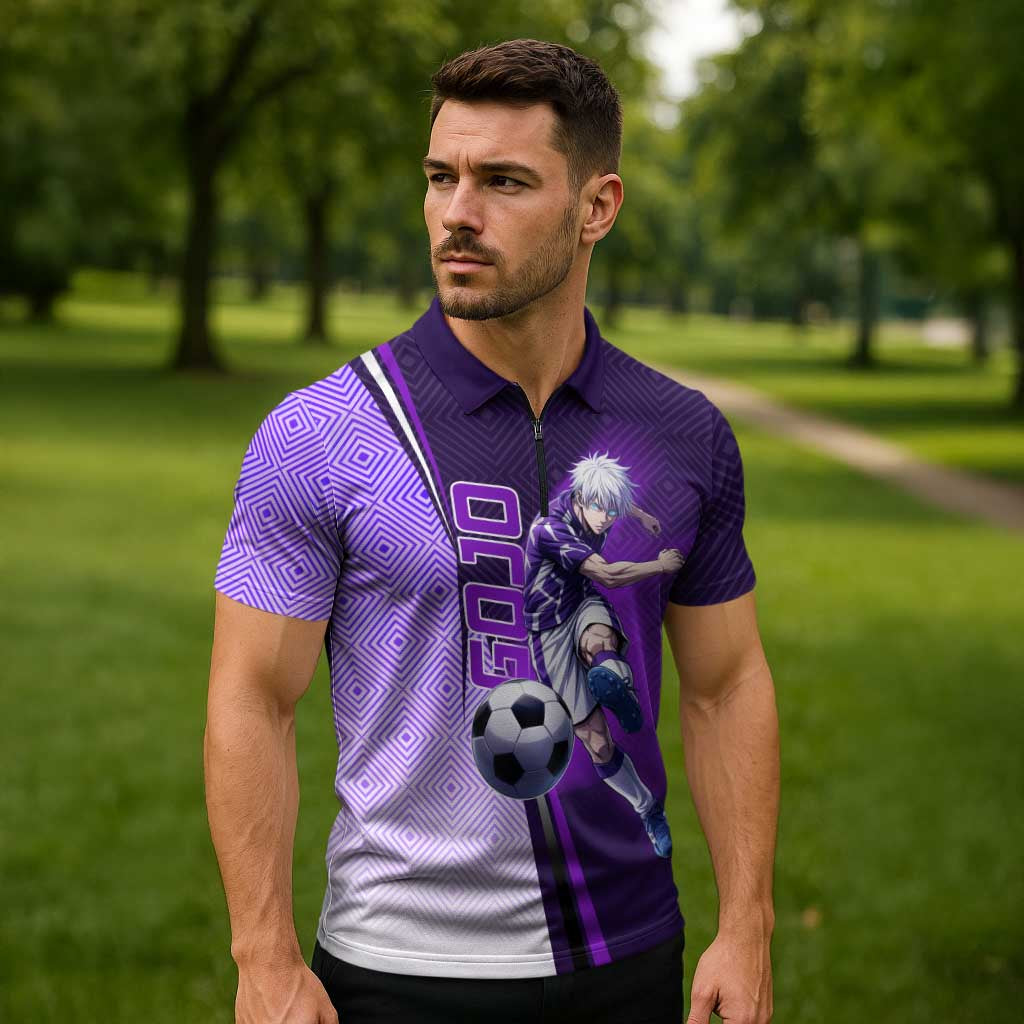 Personalized Gojo Satoru Jujutsu Kaisen Soccer Theme Zipper Polo Shirt with Kicking Pose and Purple Gradient Geometric Graphic Design - The Mazicc