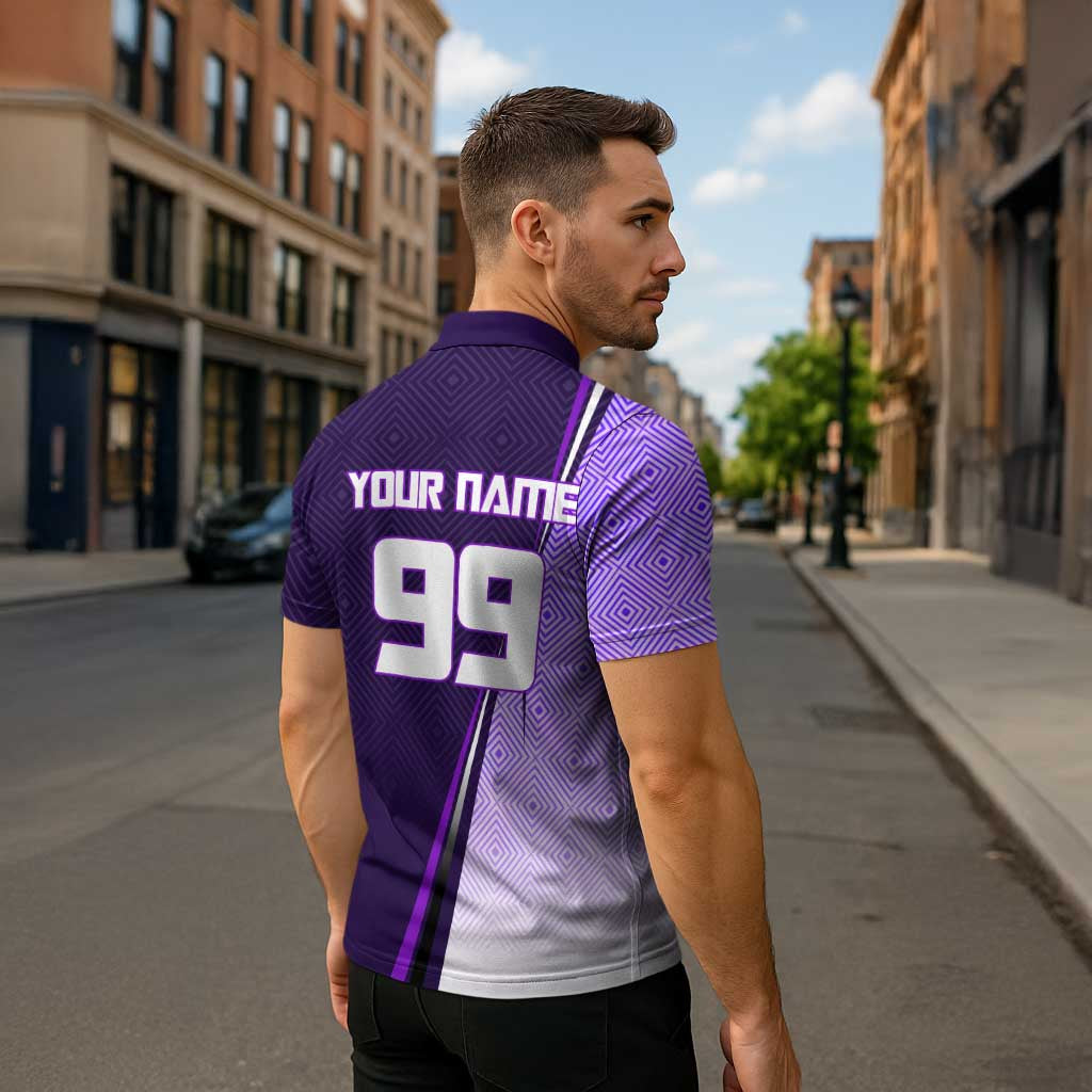 Personalized Gojo Satoru Jujutsu Kaisen Soccer Theme Zipper Polo Shirt with Kicking Pose and Purple Gradient Geometric Graphic Design - The Mazicc