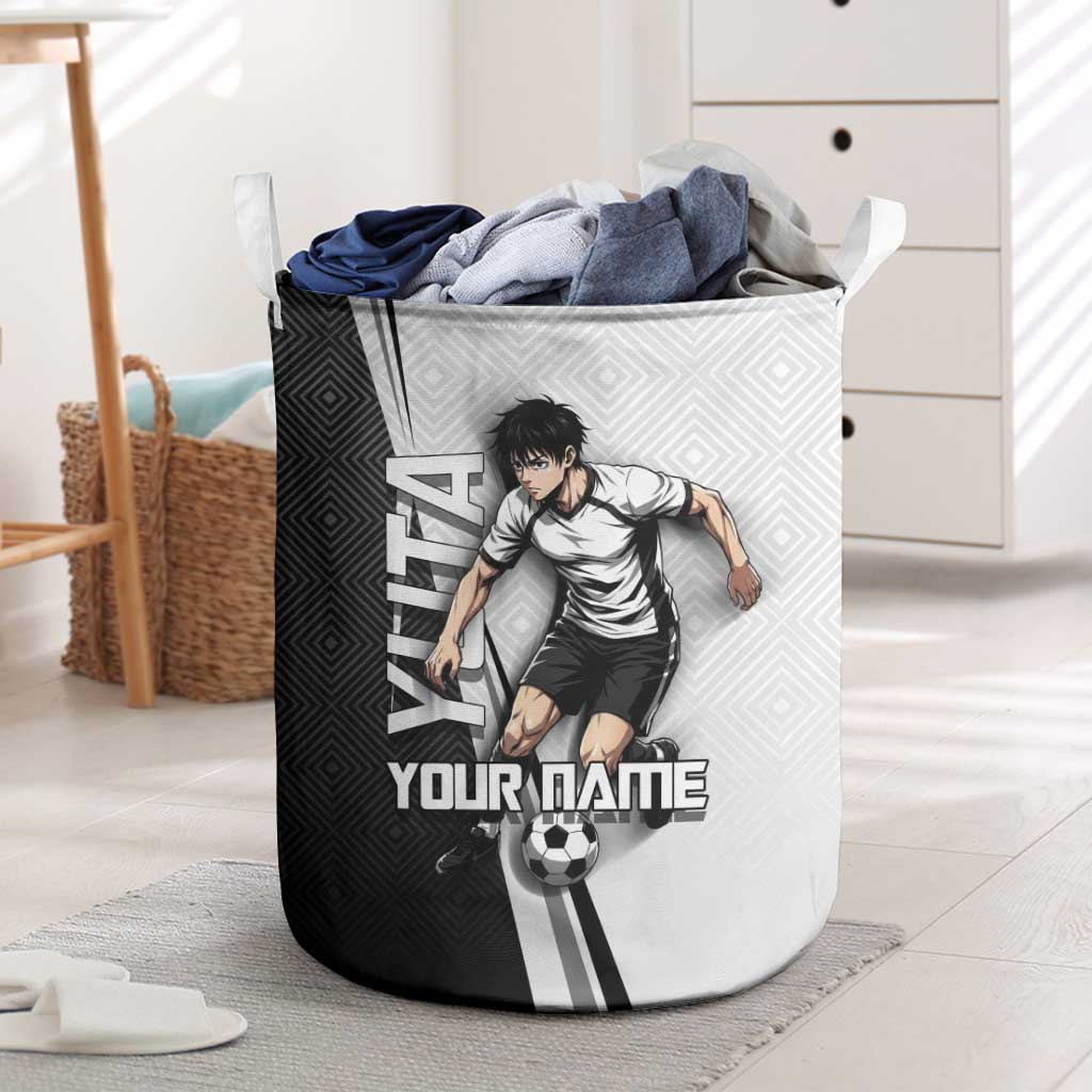Personalized Okkotsu Yuta Jujutsu Kaisen Soccer Laundry Basket with Dribbling Action Pose and Monochrome Geometric Graphic Design - The Mazicc
