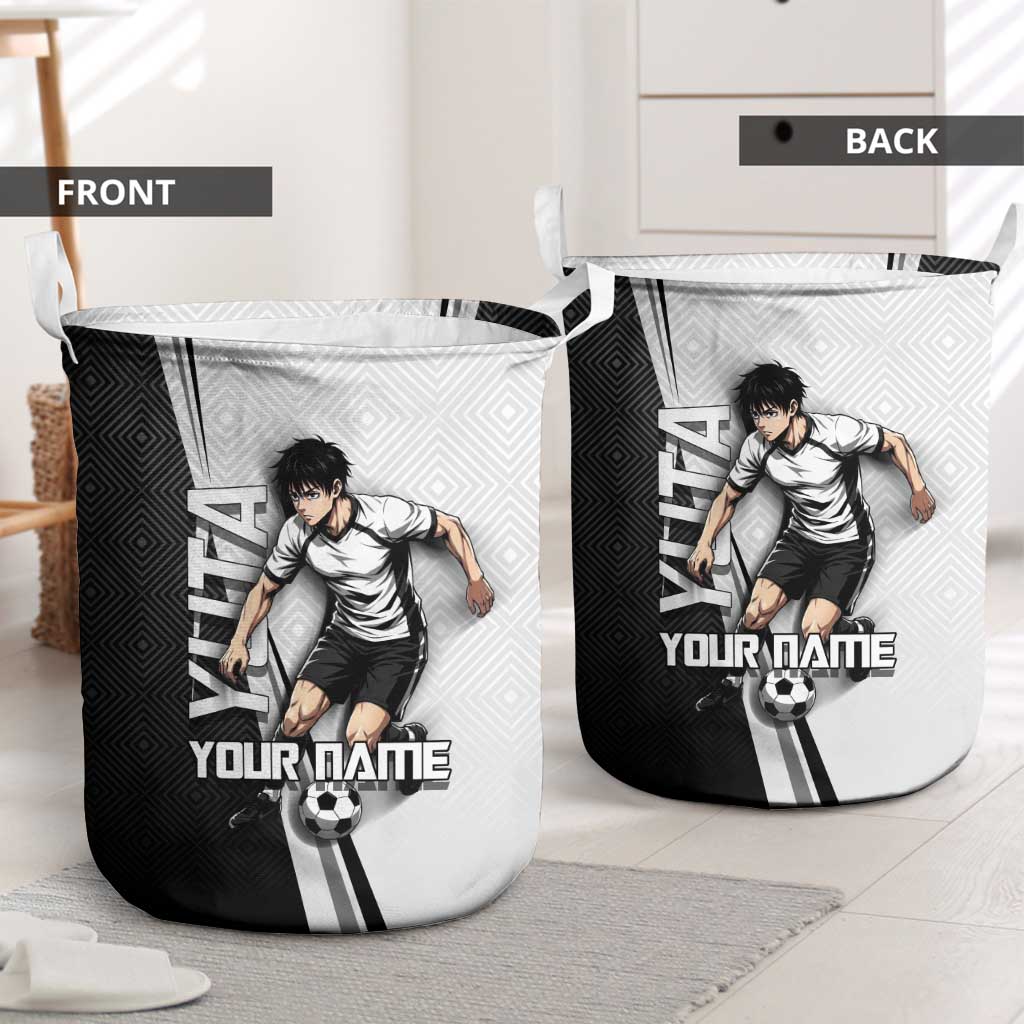 Personalized Okkotsu Yuta Jujutsu Kaisen Soccer Laundry Basket with Dribbling Action Pose and Monochrome Geometric Graphic Design - The Mazicc