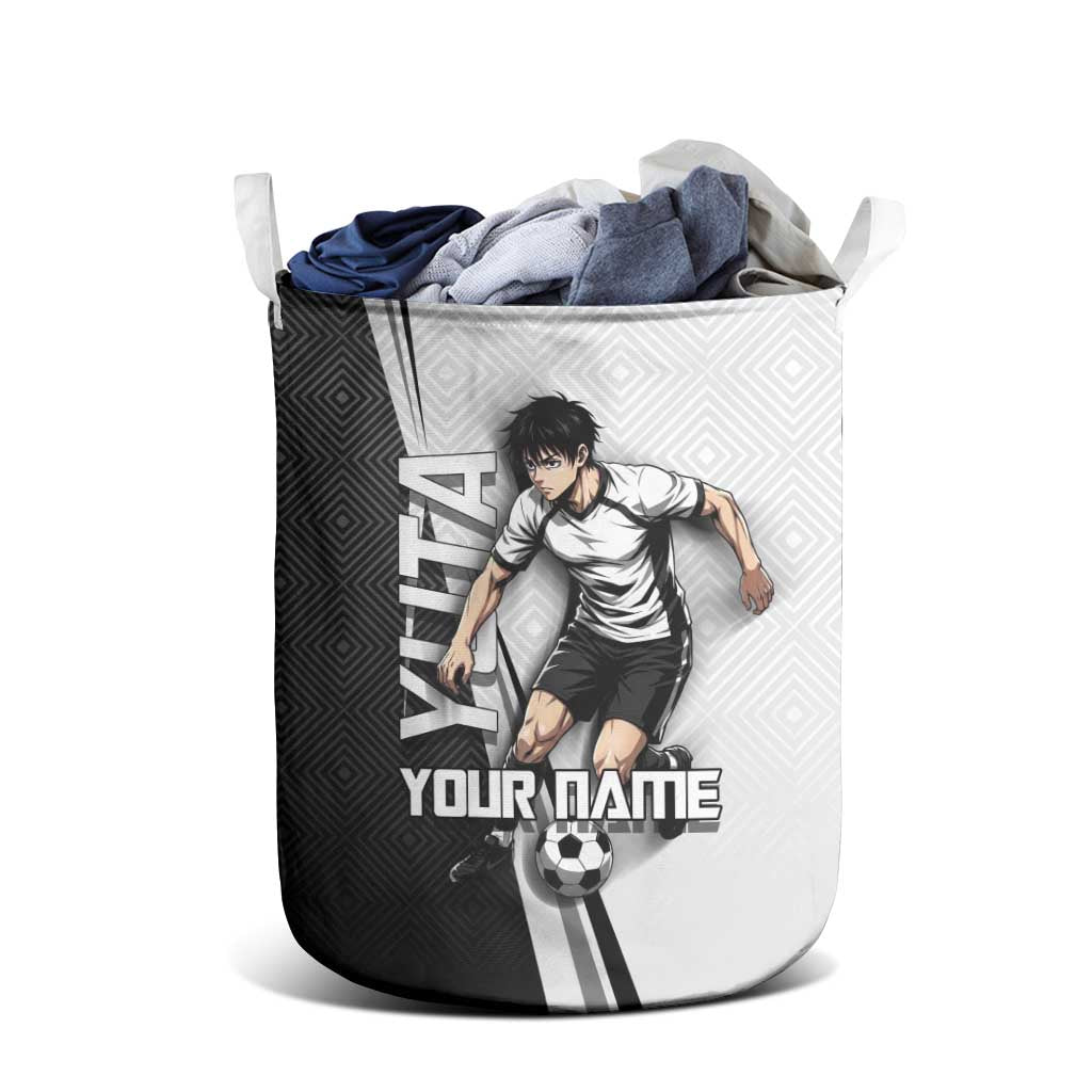 Personalized Okkotsu Yuta Jujutsu Kaisen Soccer Laundry Basket with Dribbling Action Pose and Monochrome Geometric Graphic Design - The Mazicc