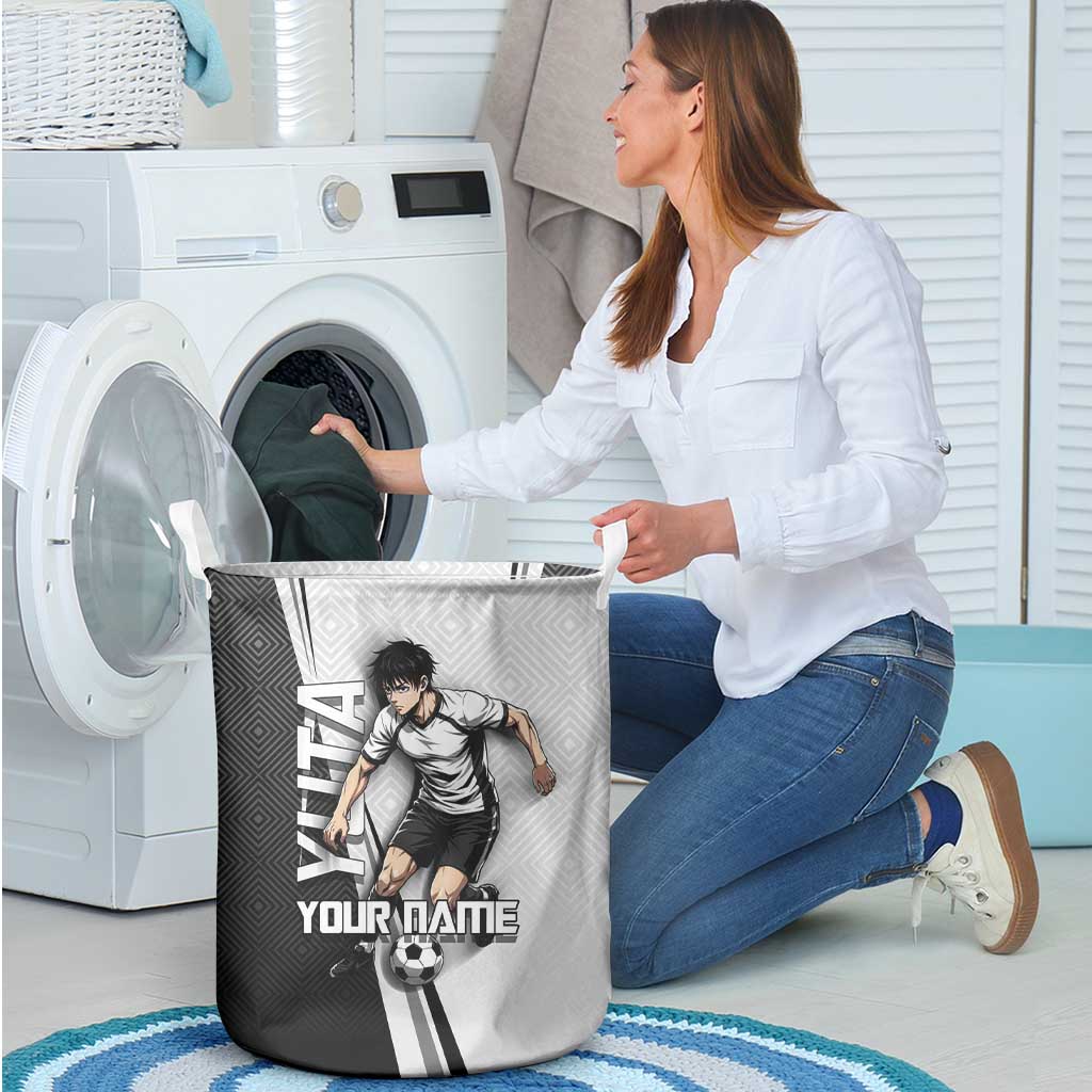 Personalized Okkotsu Yuta Jujutsu Kaisen Soccer Laundry Basket with Dribbling Action Pose and Monochrome Geometric Graphic Design - The Mazicc