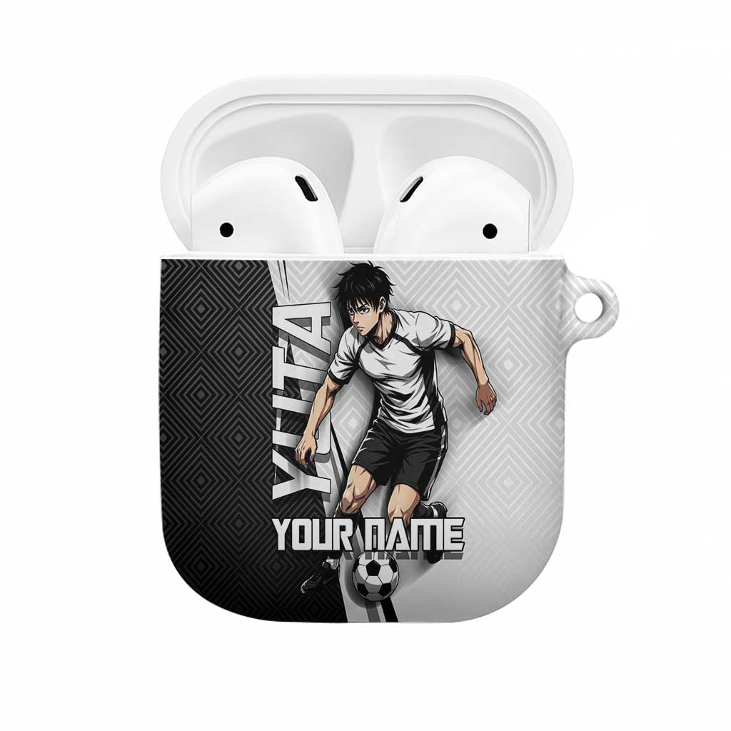 Personalized Okkotsu Yuta Jujutsu Kaisen Soccer AirPods Case with Dribbling Action Pose and Monochrome Geometric Graphic Design - The Mazicc
