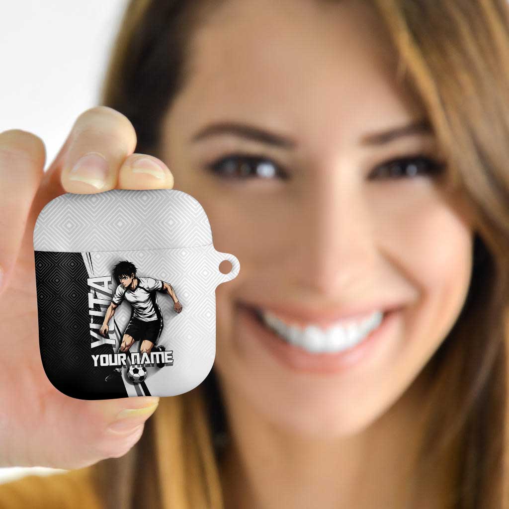 Personalized Okkotsu Yuta Jujutsu Kaisen Soccer AirPods Case with Dribbling Action Pose and Monochrome Geometric Graphic Design - The Mazicc