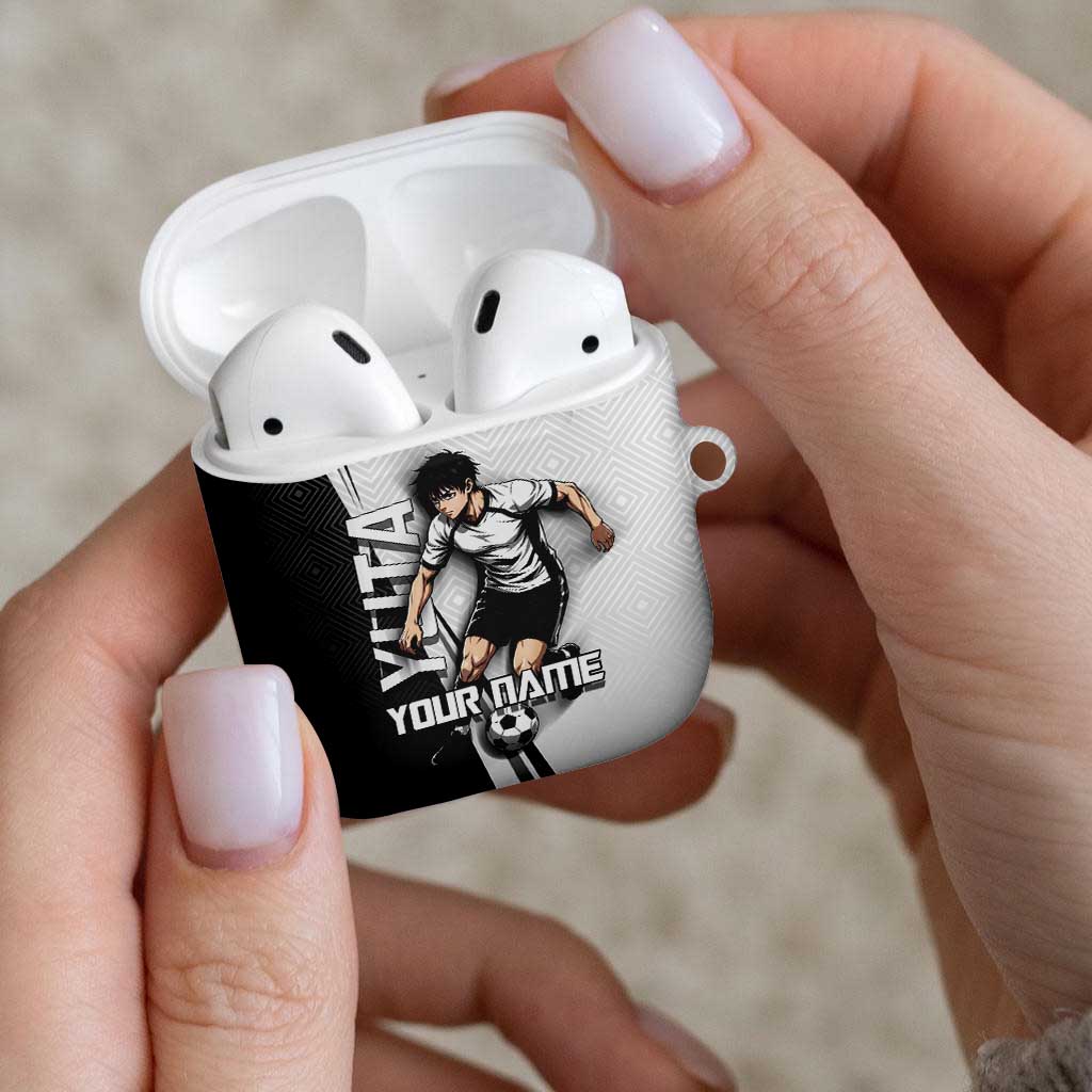 Personalized Okkotsu Yuta Jujutsu Kaisen Soccer AirPods Case with Dribbling Action Pose and Monochrome Geometric Graphic Design - The Mazicc