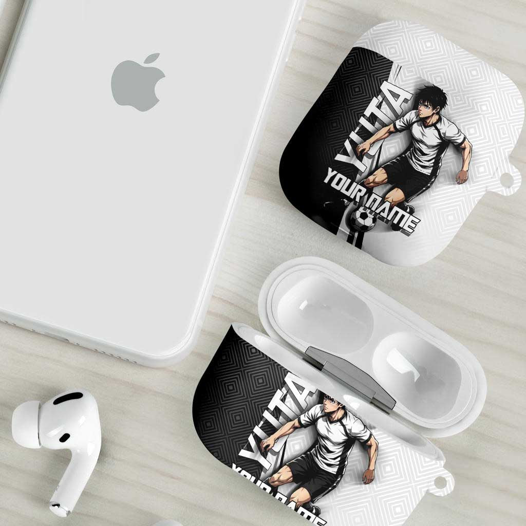 Personalized Okkotsu Yuta Jujutsu Kaisen Soccer AirPods Case with Dribbling Action Pose and Monochrome Geometric Graphic Design - The Mazicc