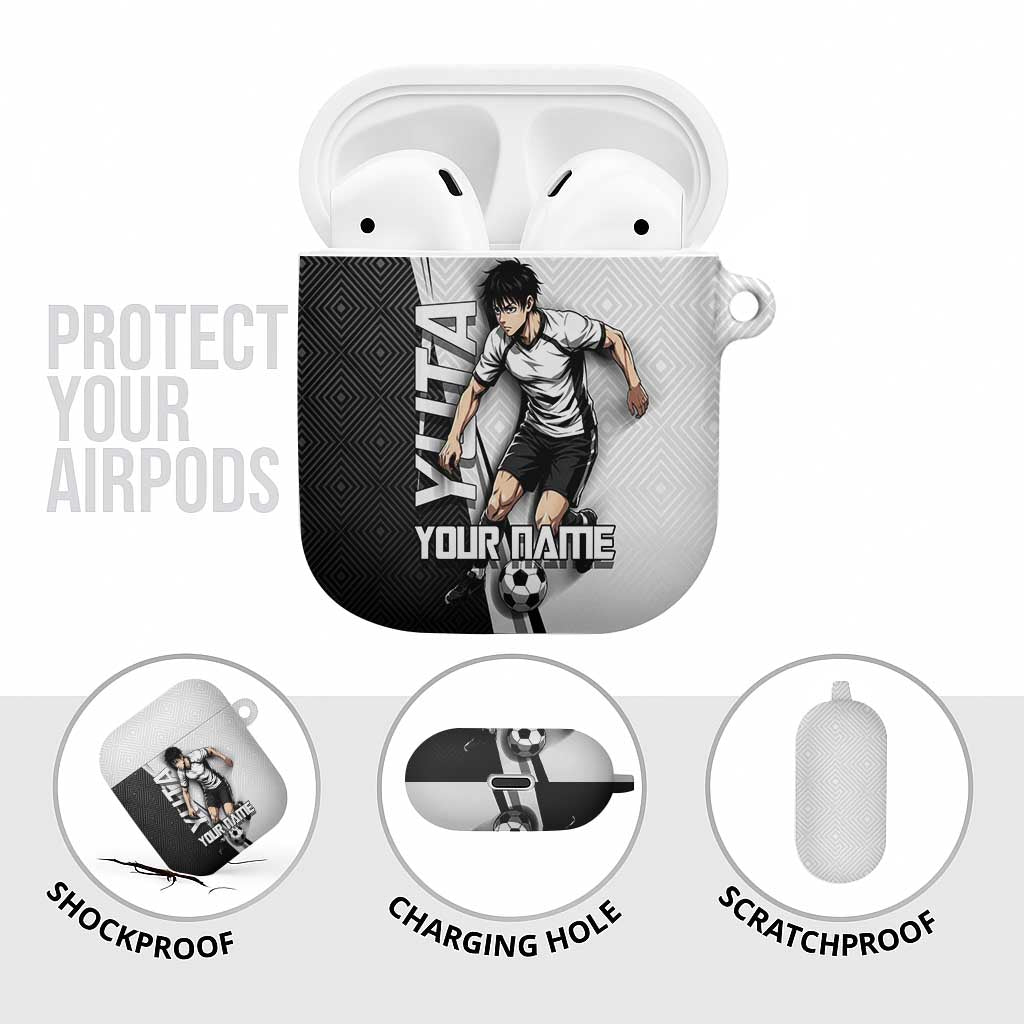 Personalized Okkotsu Yuta Jujutsu Kaisen Soccer AirPods Case with Dribbling Action Pose and Monochrome Geometric Graphic Design - The Mazicc