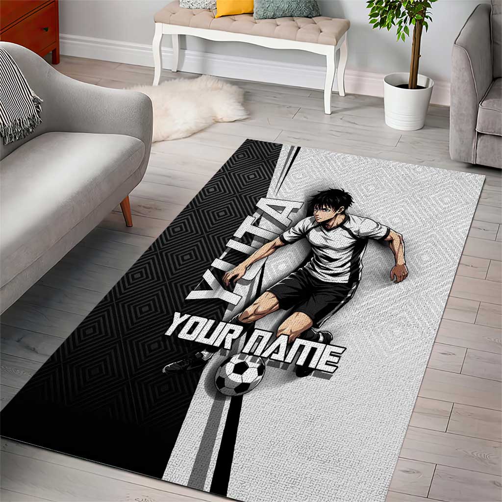 Personalized Okkotsu Yuta Jujutsu Kaisen Soccer Area Rug with Dribbling Action Pose and Monochrome Geometric Graphic Design - The Mazicc