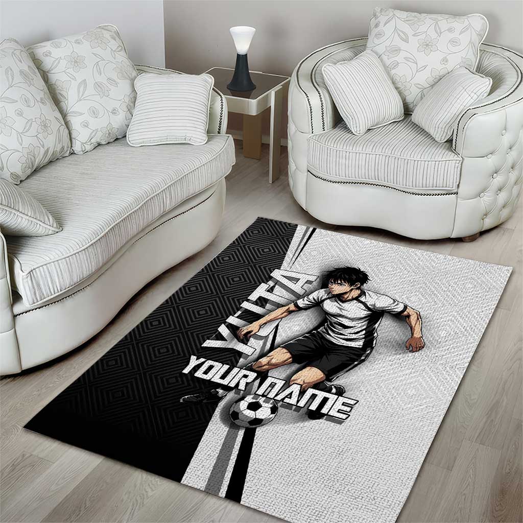 Personalized Okkotsu Yuta Jujutsu Kaisen Soccer Area Rug with Dribbling Action Pose and Monochrome Geometric Graphic Design - The Mazicc