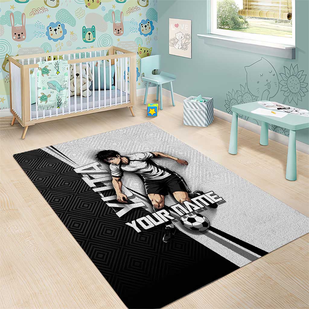 Personalized Okkotsu Yuta Jujutsu Kaisen Soccer Area Rug with Dribbling Action Pose and Monochrome Geometric Graphic Design - The Mazicc