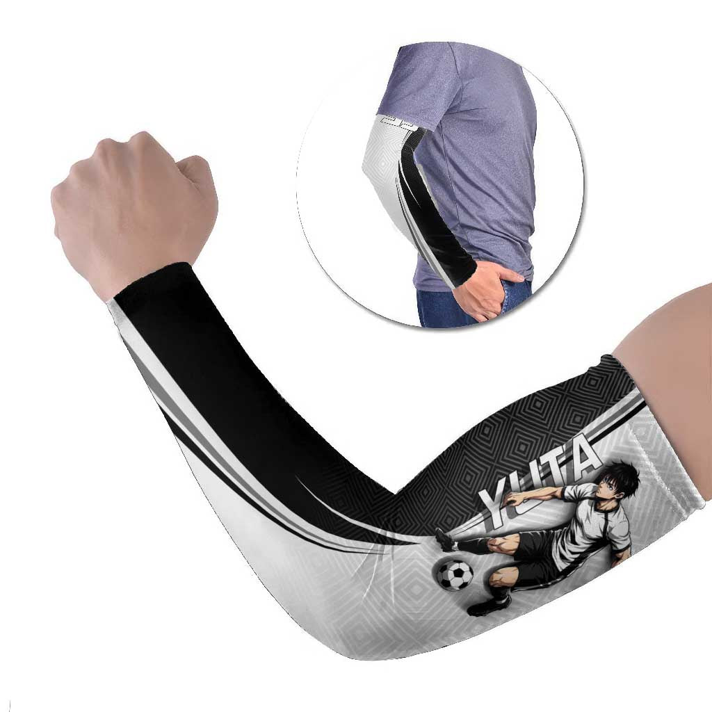 Personalized Okkotsu Yuta Jujutsu Kaisen Soccer Arm Sleeves with Dribbling Action Pose and Monochrome Geometric Graphic Design - The Mazicc