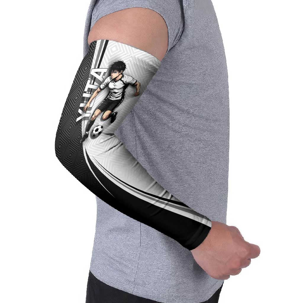 Personalized Okkotsu Yuta Jujutsu Kaisen Soccer Arm Sleeves with Dribbling Action Pose and Monochrome Geometric Graphic Design - The Mazicc