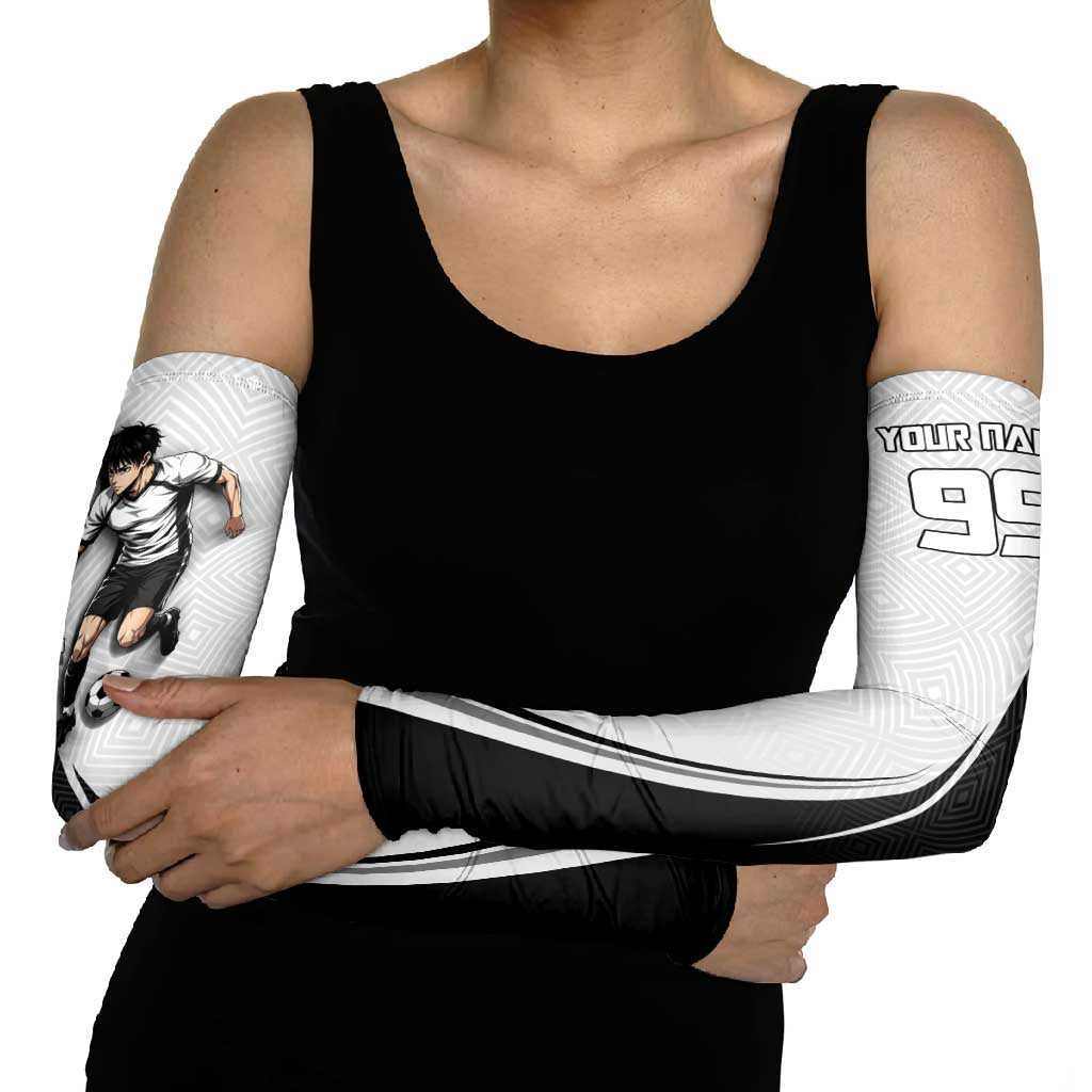 Personalized Okkotsu Yuta Jujutsu Kaisen Soccer Arm Sleeves with Dribbling Action Pose and Monochrome Geometric Graphic Design - The Mazicc