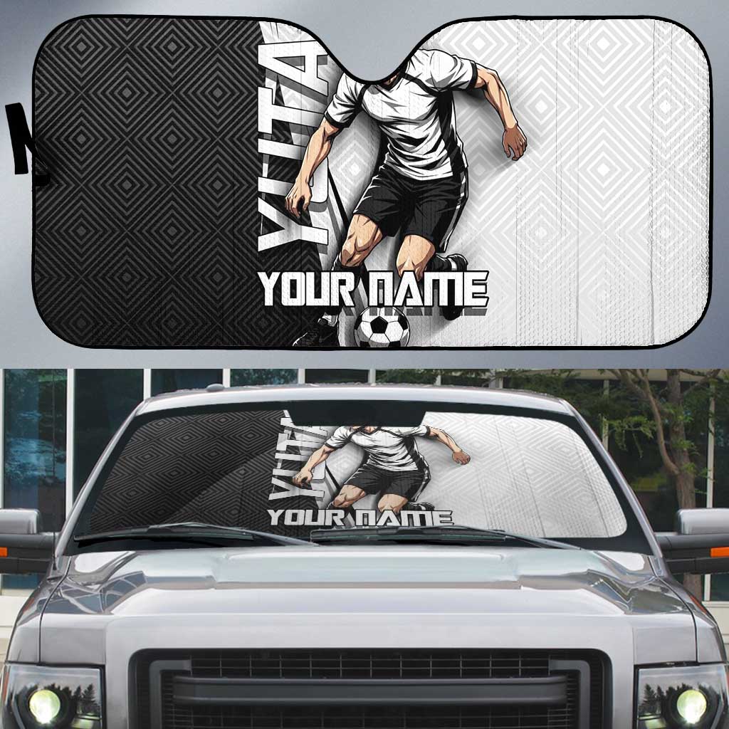 Personalized Okkotsu Yuta Jujutsu Kaisen Soccer Auto Sun Shade with Dribbling Action Pose and Monochrome Geometric Graphic Design - The Mazicc