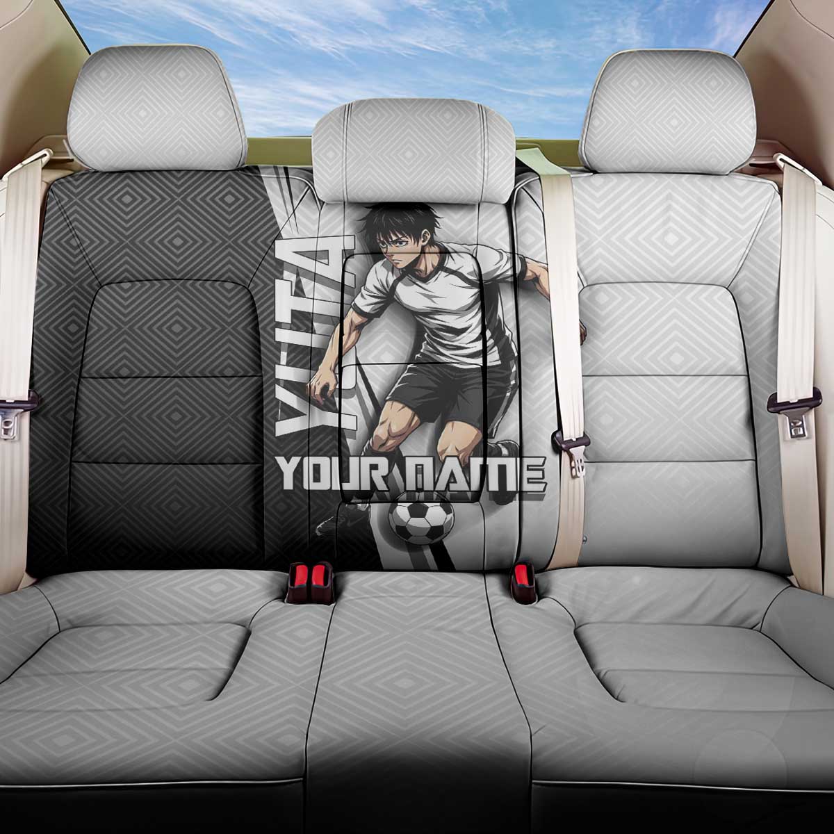 Personalized Okkotsu Yuta Jujutsu Kaisen Soccer Back Car Seat Cover with Dribbling Action Pose and Monochrome Geometric Graphic Design - The Mazicc