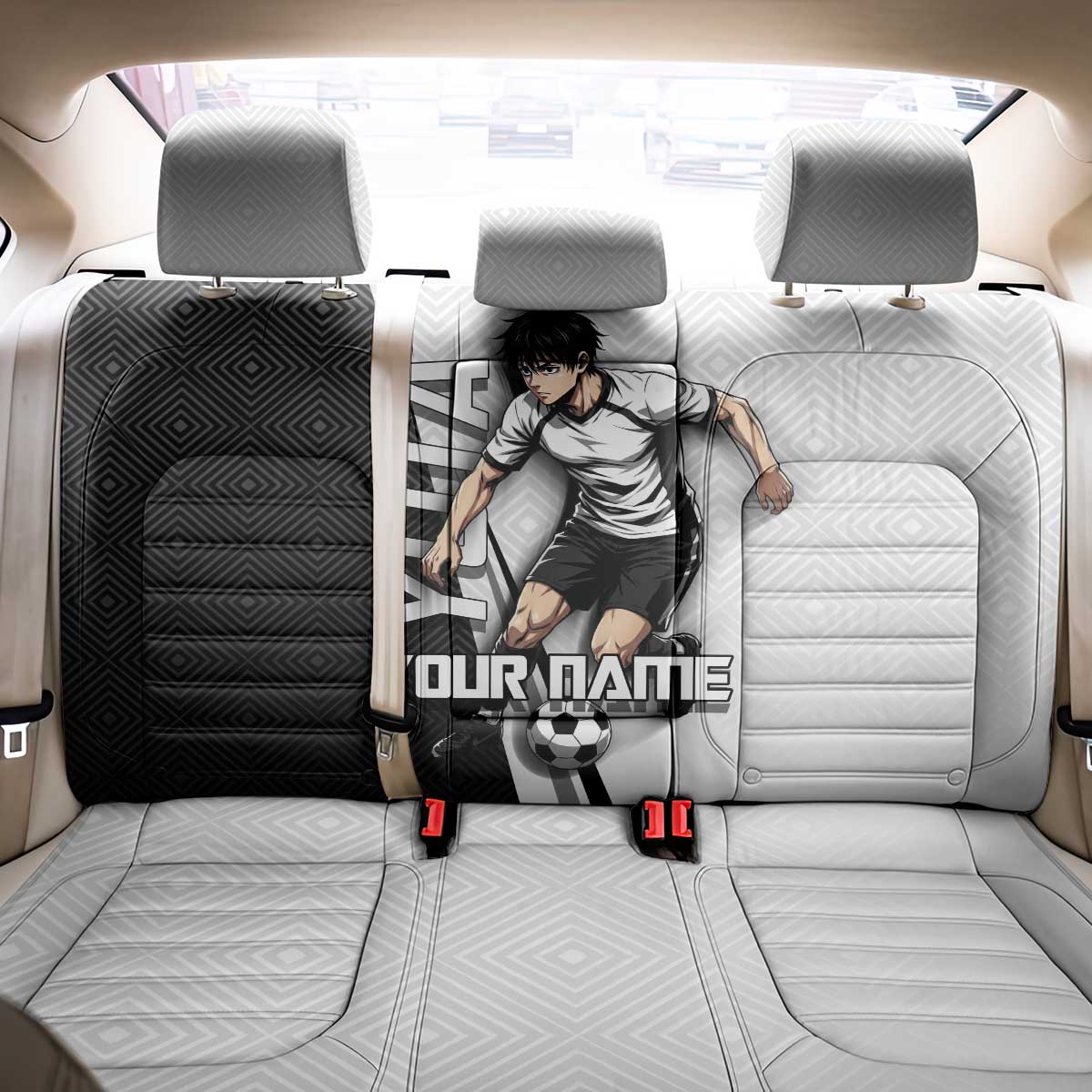 Personalized Okkotsu Yuta Jujutsu Kaisen Soccer Back Car Seat Cover with Dribbling Action Pose and Monochrome Geometric Graphic Design - The Mazicc