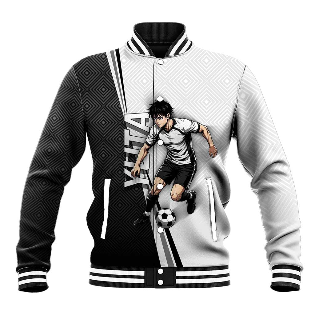 Personalized Okkotsu Yuta Jujutsu Kaisen Soccer Baseball Jacket with Dribbling Action Pose and Monochrome Geometric Graphic Design - The Mazicc