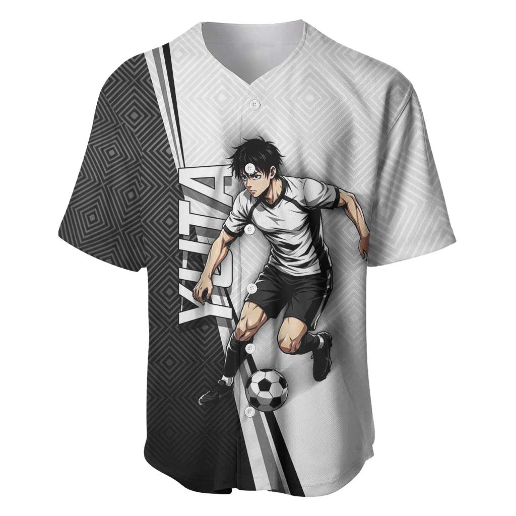 Personalized Okkotsu Yuta Jujutsu Kaisen Soccer Baseball Jersey with Dribbling Action Pose and Monochrome Geometric Graphic Design - The Mazicc