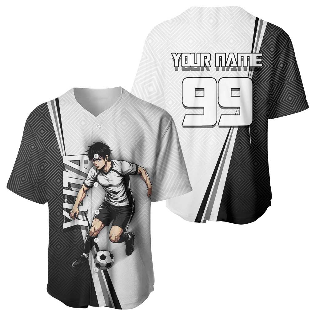 Personalized Okkotsu Yuta Jujutsu Kaisen Soccer Baseball Jersey with Dribbling Action Pose and Monochrome Geometric Graphic Design - The Mazicc