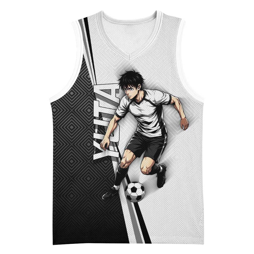 Personalized Okkotsu Yuta Jujutsu Kaisen Soccer Basketball Jersey with Dribbling Action Pose and Monochrome Geometric Graphic Design - The Mazicc