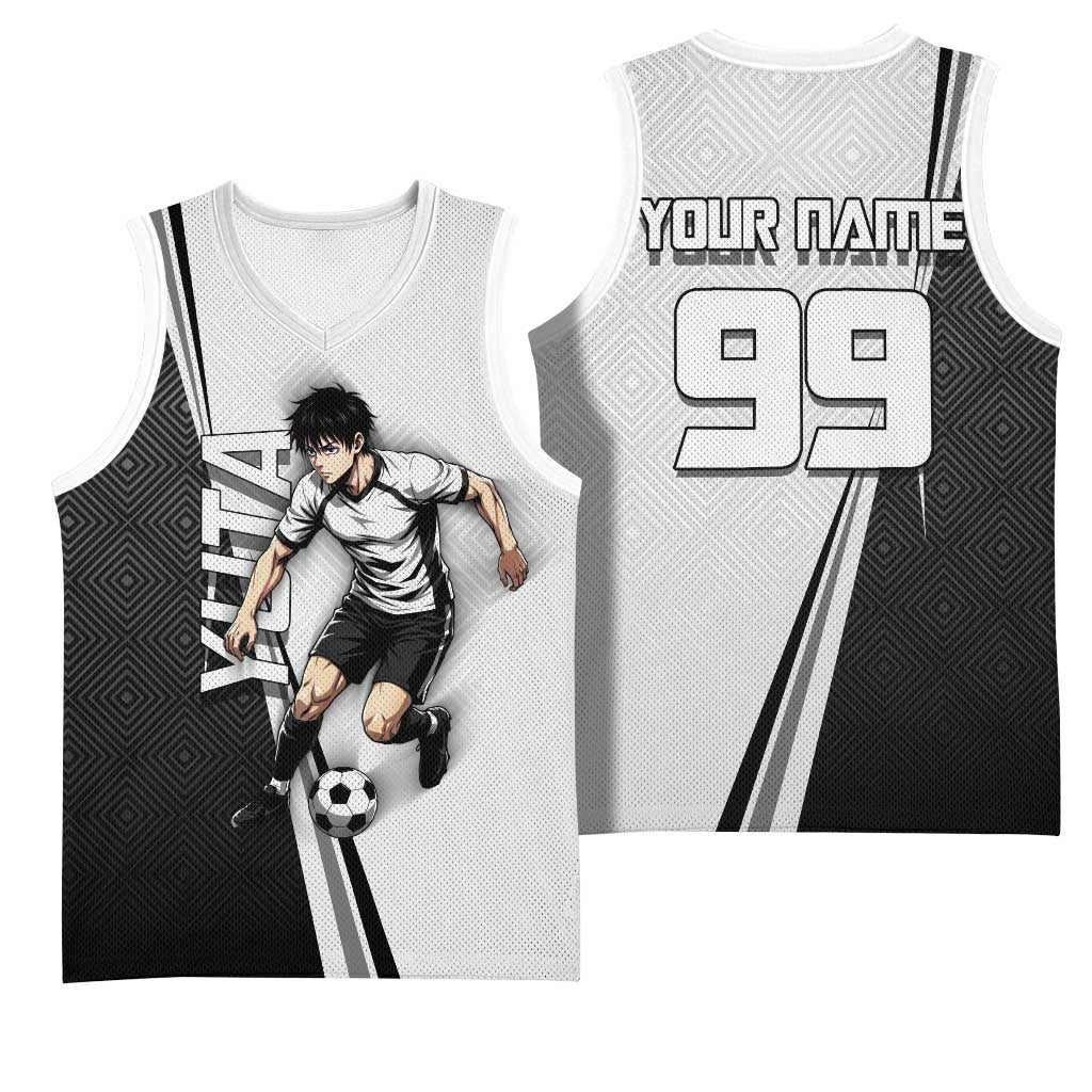 Personalized Okkotsu Yuta Jujutsu Kaisen Soccer Basketball Jersey with Dribbling Action Pose and Monochrome Geometric Graphic Design - The Mazicc