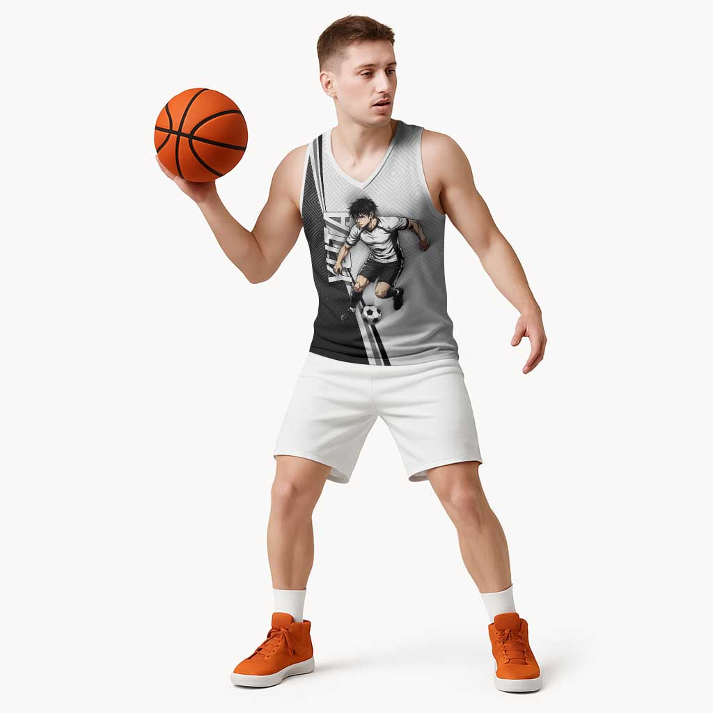 Personalized Okkotsu Yuta Jujutsu Kaisen Soccer Basketball Jersey with Dribbling Action Pose and Monochrome Geometric Graphic Design - The Mazicc